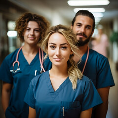Nurse with doctors in the hospital, dressed in crubs, intern students