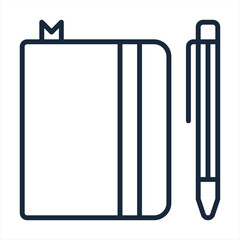 Closed notebook with pencil and pen in top view. Sketchbook or diary. Vector illustration.Notebook and drawing pencil isolated, planning and creativity concept.Vector notebook and pen