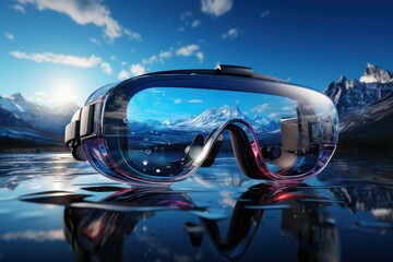 Virtual reality glasses on water with mountain natural view with surreal concept, generative Ai
