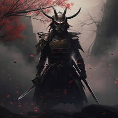 Dangerous samurai with sword ready for battle