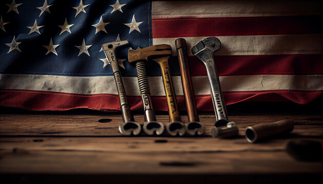 Different kinds wrenches with american flag on wood table background, labor day Ai generated image 