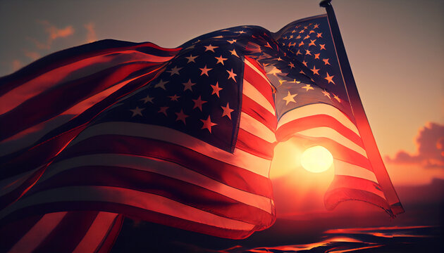 Flags of the united states against the sun, memorial day, labor day, Ai generated image