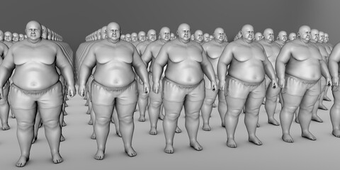 A clone of overweight people, conceptual 3D illustration symbolizing the obesity epidemic - obrazy, fototapety, plakaty