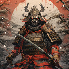 Dangerous samurai with sword ready for battle