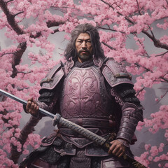 Samurai stands in flowers sakura 