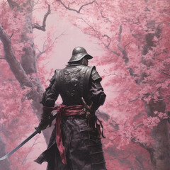 Samurai standing in cherry blossoms