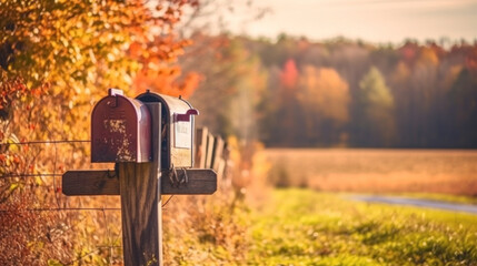 mailbox on a farm at sunset.  - obrazy, fototapety, plakaty