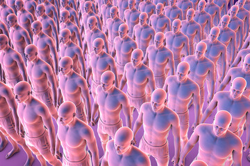 A clone of identical people, standing in an organized manner, 3D illustration