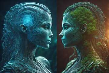 A set of abstract close-up images of faces, encapsulating the theme of dialogue and interaction. Created with generative AI tools