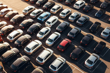 Fototapeta premium Aerial view of cars in parking places. AI generated