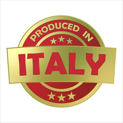 Vector round golden label with stars for product packaging "Produced in Italy", certified, premium quality, tag with place of production