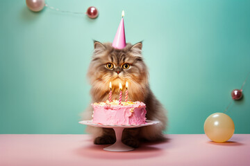 Fototapeta na wymiar Cat with birthday cake. AI generated