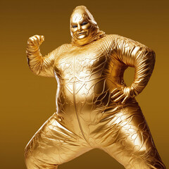 A girl in a gold suit and a hat on her head