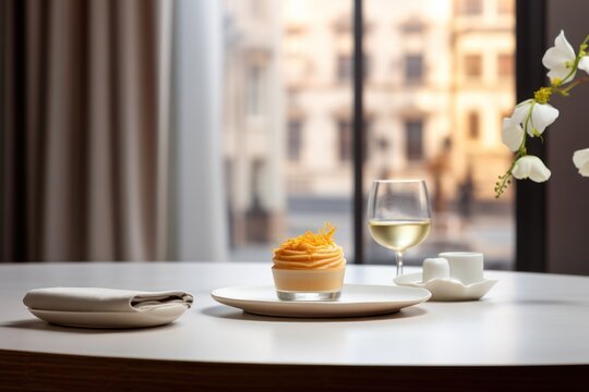 Gourmet food on a table near the window. AI generated