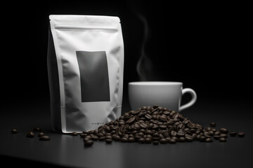 Coffee packaging in dark colors. AI generated