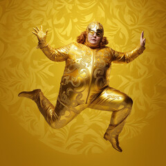 A girl in a gold suit and a hat on her head