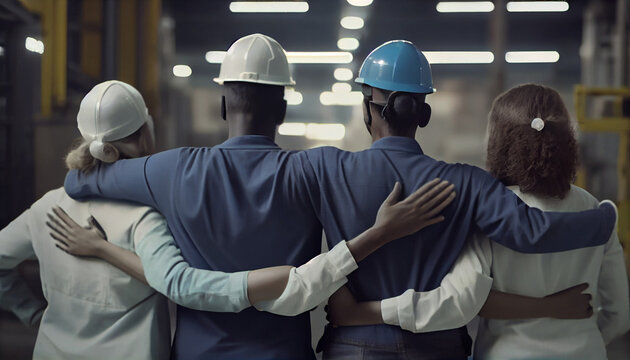 Group of Team Workers back view of mixed races and genders enjoy working in factory standing together smiling, making a happy hand sign. Banner for labor day, Ai generated image