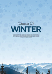 Winter Illustration. Flat winter landscape. Snowy backgrounds. Snowdrifts. Snowfall. Clear blue sky. Blizzard. Snowy weather. Design elements for poster, book cover, brochure, Vector illustration