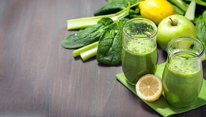 Green smoothie with celery, cucumber, spinach, apple and lemon