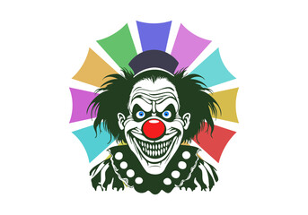 Vector graphic green scary smiling toothy sinister clown with red nose and hat. Circus freak. Sticker or icon. White isolated background.