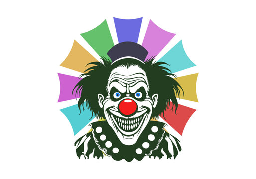 Vector graphic green scary smiling toothy sinister clown with red nose and hat. Circus freak. Sticker or icon. White isolated background.