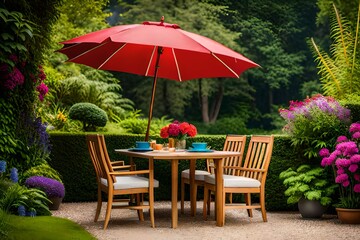  Garden chairs and a quaint wooden garden table under a sun-kissed parasol