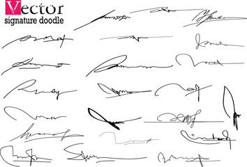 signature doodle, Hand written signature. Different example signatures isolated in white background. Vector illustration set of hand drawn name imprint vector - obrazy, fototapety, plakaty