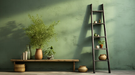 minimalist scene of a lime wall and a wooden ladder, the return to the roots, Generative AI