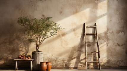 rough-textured lime wall with a wooden ladder, symbolizing authenticity and simplicity, Generative AI