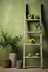 authenticity and simplicity depicted in a lime wall and a wooden ladder, a minimalist setting, Generative AI