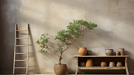 return to the roots captured in a lime wall and a wooden ladder, the essence of simplicity, Generative AI