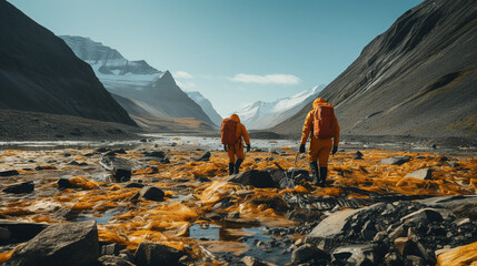 A striking image of researchers in the field, exploring untouched landscapes for the betterment of humanity 
