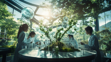 A serene image of scientists conducting research in harmony with nature, promoting sustainable development 