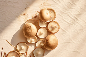 Fresh mushrooms flatlay scene in sunlight with shadows.