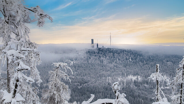 Winter landscape above the Taunus low mountain range with a view of the Gro&szlig;er Feldberg - Hesse, Germany
