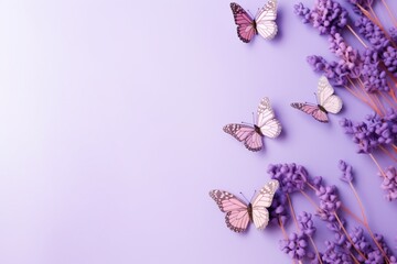 Butterflies and lavender flowers copy space background. AI generated