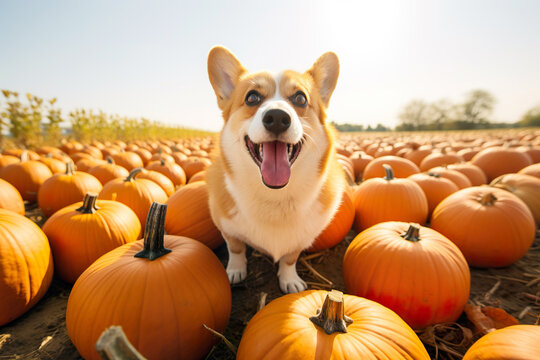 Happy corgi with many pumpkins in sunny field.