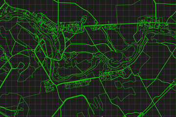 Abstract topographic map on radar screen. Vector retro green black background.