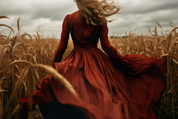 Back of a woman from Victorian era walking in cornfield wearing dark red long dress.