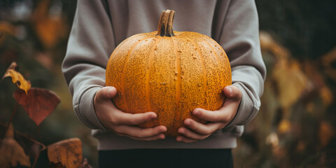 Lifestyle closeup shot of a boy holding a fresh pumpkin in garden. - Powered by Adobe