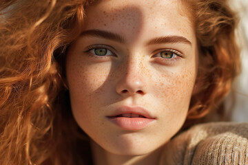 Beauty portrait of a European freckled red-haired woman. - obrazy, fototapety, plakaty
