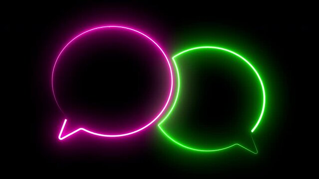 Loop Neon iconic speech bubble in glowing neon light Led light modern signboard template. Glowing Neon Signboard Animation Isolated on Black Background 4k video design element Green and Magenta Colors