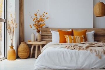 interior design, Brown and orange pillows on white bed in natural bedroom interior with wicker lamp...