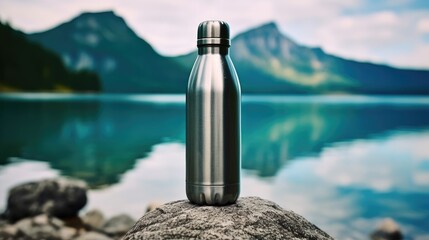 Mock-up of Shiny Steel Thermo Bottle Against Mountain Landscap