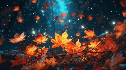 Image of stars falling at christmas over leaves.Generative AI.