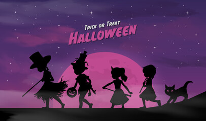 Happy halloween banner or party invitation background with childrens on violet clouds background
