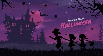 Happy halloween banner or party invitation background with childrens on violet clouds background
