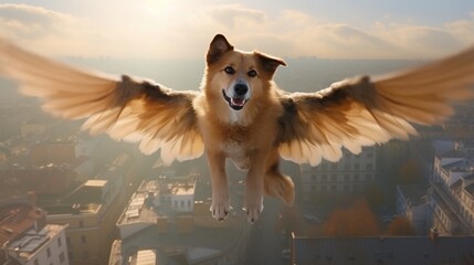 flying above the city dog with wings