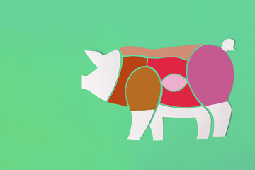 Color scheme of cutting pork carcass from cardboard on a green background copy space