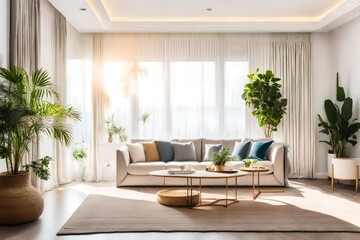 Fototapeta premium Spacious bright living room with sunlight streaming through sheer curtains for real estate websites.